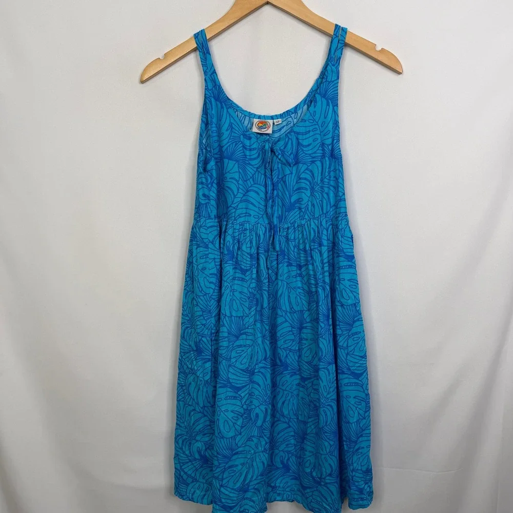 Makai Beach Hawaii Girls Blue Tropical Monstera Leaf Print Sun Dress Size 12